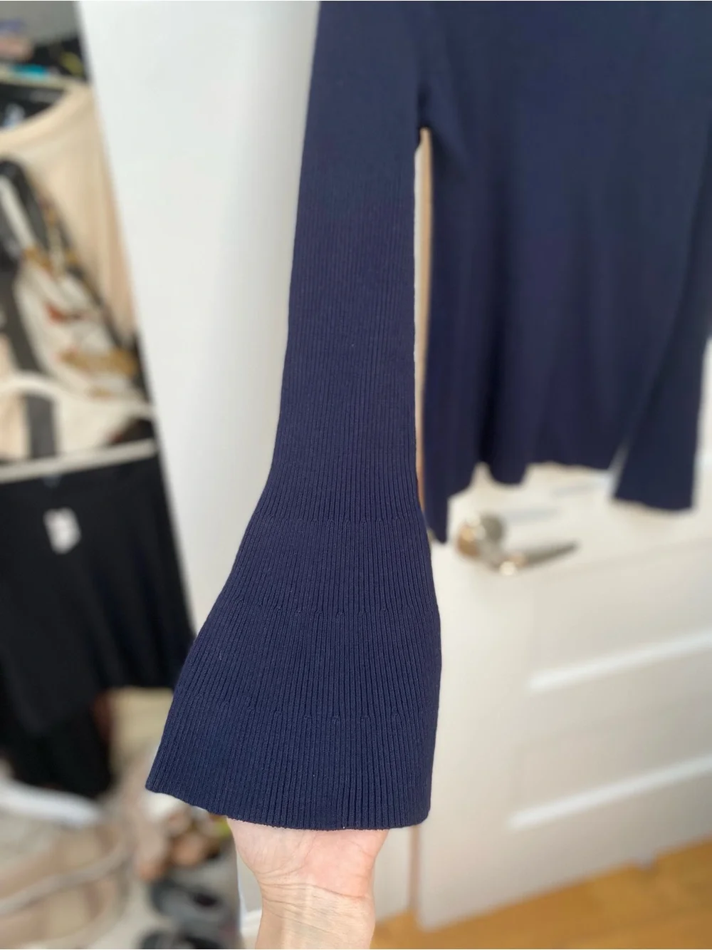 Moth Anthropologie Women's Navy Ribbed Turtleneck Sweater with bell sleeves